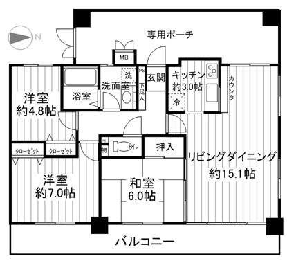 Floor plan. 3LDK, Price 30,800,000 yen, Occupied area 77.18 sq m , Balcony area 13.59 sq m