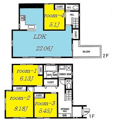 Floor plan. (C Building), Price 52,800,000 yen, 2LDK+2S, Land area 129.93 sq m , Building area 108.42 sq m