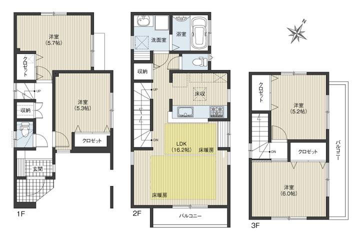 Floor plan. 56,800,000 yen, 4LDK, Land area 75 sq m , Building area 92.9 sq m large 4LDK. LDK 16.2 Pledge, The kitchen is marked with under-floor storage.