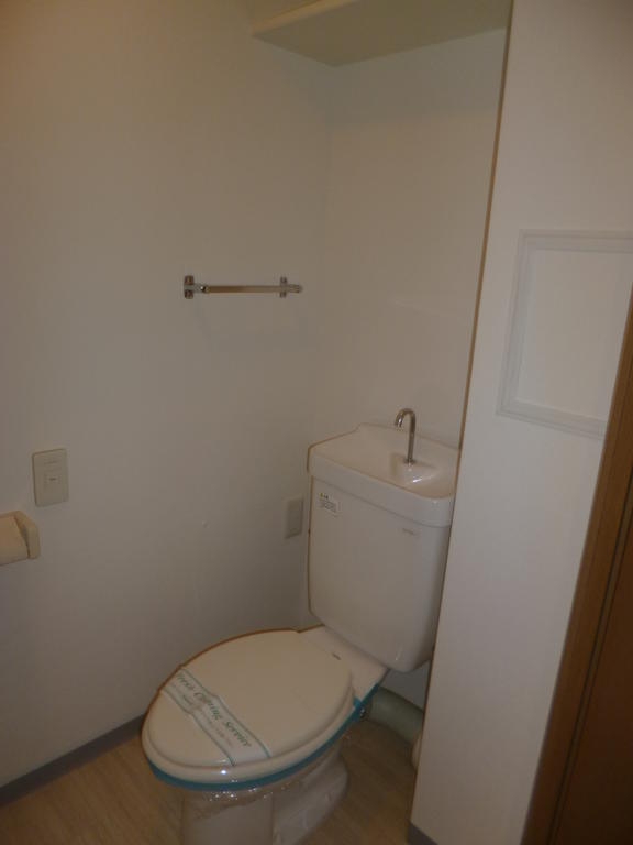 Toilet. With over shelves and towel