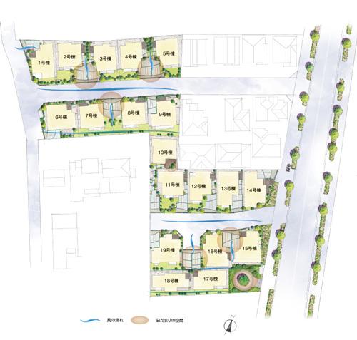 The entire compartment Figure. Order to keep the green and of the continuity of the main street of trees and park, Installed to provide green space and planted zone with a symbol tree. further, Plan the rich outside 構植 planted so that the entire city block is wrapped in the colors of the season (the entire section view)