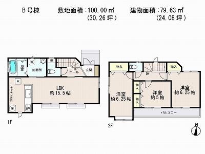 Floor plan. (B Building), Price 36,800,000 yen, 3LDK, Land area 100 sq m , Building area 79.63 sq m