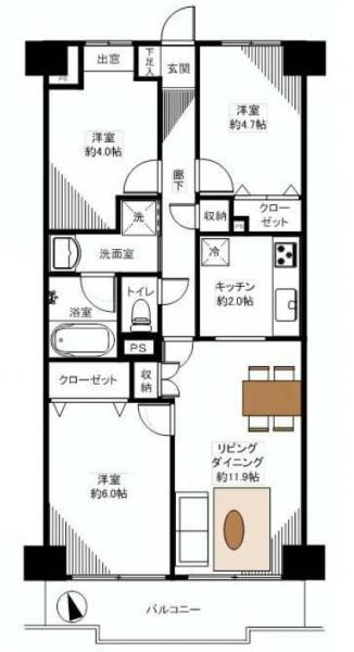 Floor plan. 3LDK, Price 22,800,000 yen, Footprint 61.6 sq m , Balcony area 6.72 sq m