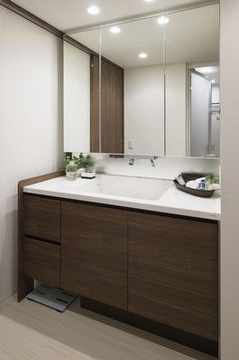 Dresser, which was set back with storage triple mirror. After the water comes out from the top, Convenient float line faucet also adopted that can be used spout is pulled out