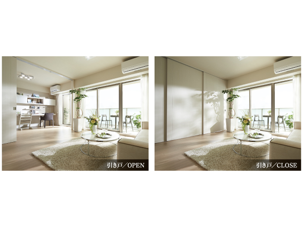 Living.  [It can be selectively used in the opening and closing, Convenient sliding door] If you open the sliding door, living ・ Integrated use of the dining and Western. If the bulkhead., It can be used as each of the living room. According to the way of life is a useful specification that can be selectively used.  ※ It varies by plan.