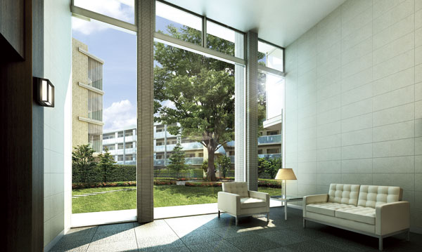 Shared facilities.  [Mirror the existing trees of large zelkova, Entrance Hall of the two-layer Fukinuki] When you exit the auto-lock of the main entrance, Has spread entrance hall of the two-layer blow-by in front of the eye. At the tip of the glass wall that extends to the ceiling surface of Fukinuki, Existing trees of large zelkova of symbol tree. Apart from the outside world, Daira Kana its open feeling of the landscape and holes, It will surely lead comfortably to private time. (Entrance Hall Rendering)