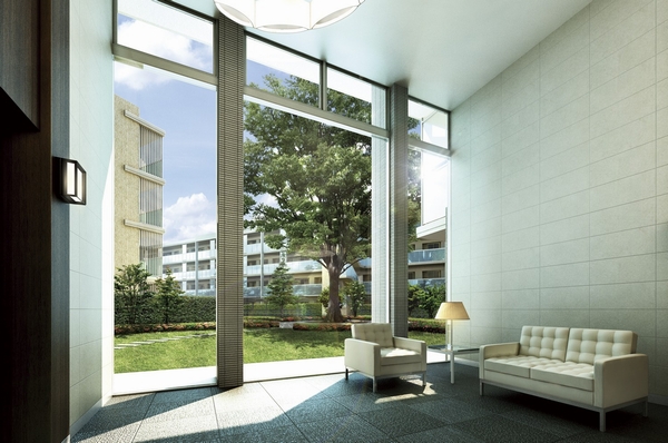 Entrance Hall of the two-tier atrium (Rendering). Symbol Garden look outside the window, which left a large zelkova of existing trees. The other is in the same property, Set up a sub-entrance with porte-cochere. Also art galleries and Shokuhai station is on the first floor, 24-hour garbage Storage, Home delivery locker, It is also available, such as disaster prevention warehouse