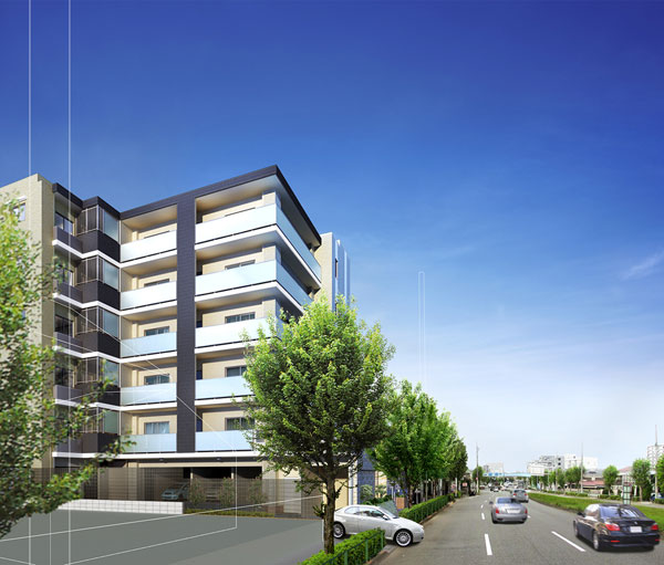 Buildings and facilities. 3LDK center to meet diverse lifestyle. Facing south ・ Corner dwelling unit rate of 80 percent, Highly independent plan and each floor up to 4 units. Pleasant light and wind, Full of a feeling of opening all 21 House. Born residence for a brighter family. (Exterior view)