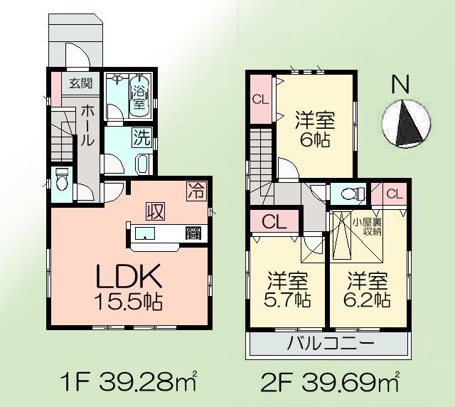 Floor plan. (1 Building), Price 39,800,000 yen, 3LDK, Land area 91.38 sq m , Building area 78.97 sq m