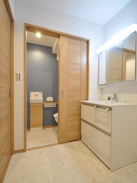 Wash basin, toilet. Washroom