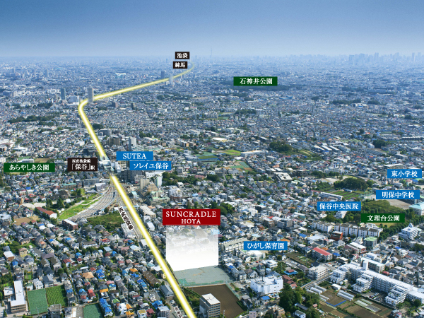 Surrounding environment. Until the Ikebukuro Terminal Station 14 minutes. Seibu Ikebukuro Line also to the city go smoothly "Hoya" an 8-minute walk from the train station, Commercial facilities integrated to the front of the station, Within walking distance of the education facilities are also peace of mind. Rich and pleasant natural environment to leave the remnants of Musashino. "The living ease enjoy" such a lifestyle you to. (Empty around local shooting / In fact it is subjected to a CG processing in October 2012 shooting and slightly different)