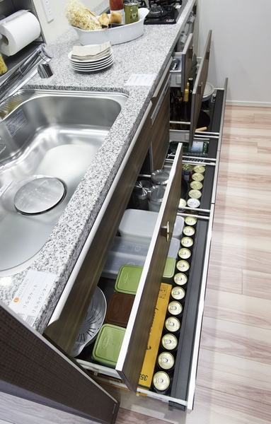 All kitchen bottom of the housing is sliding. Utensils that were closed in the back is also out easily design