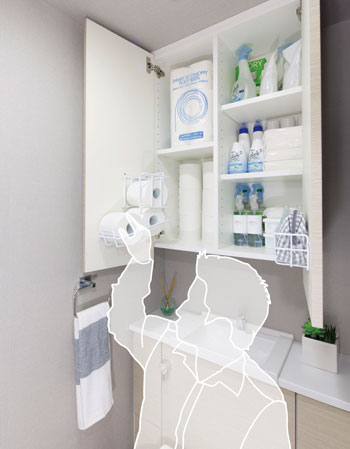 Receipt.  [Torretta cabinet] Long hanging cupboard with increased storage capacity and flexibility. The toilet paper roll 12 can be stored for each bag, Tobiraura is the original toilet storage to retrieve the remains of toilet paper sitting in the pocket. (More than the published photograph of the model room F type)