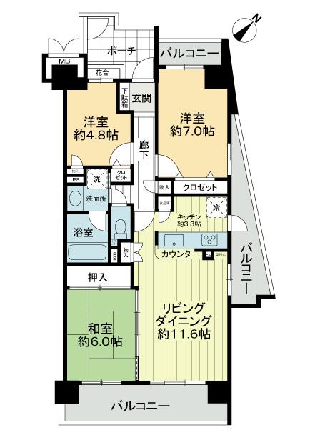 Floor plan. 3LDK, Price 22 million yen, Footprint 72.6 sq m , Balcony area 19.52 sq m
