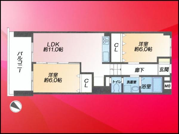Floor plan. 2LDK, Price 23,900,000 yen, Footprint 59.1 sq m , Balcony area 8.64 sq m