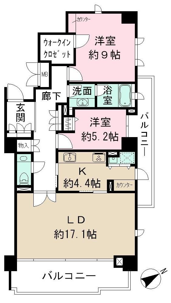 Floor plan. 2LDK, Price 53,800,000 yen, Occupied area 94.24 sq m , Balcony area 21.41 sq m
