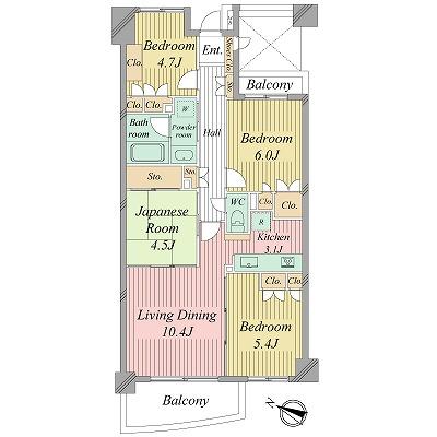 Floor plan. 4LDK, Price 49,900,000 yen, Occupied area 75.89 sq m , Balcony area 8.35 sq m bright 4LDK