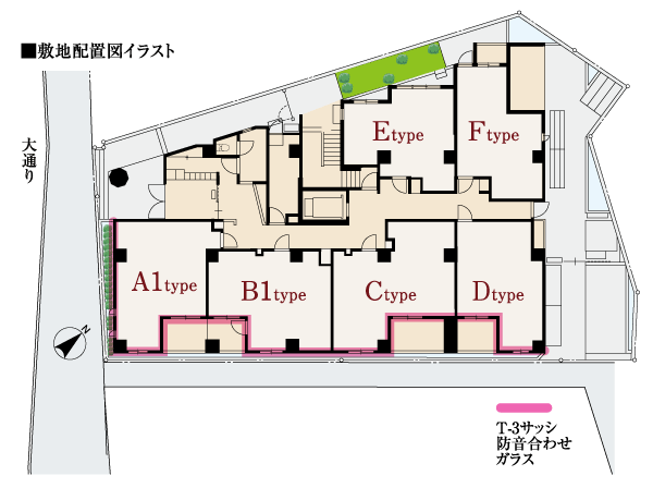 Building structure.  [A quiet residential street corner of, Location to exit with a panoramic view] Residential units facing the main street is small, Outside of the sound is not worried because it still employs a high sound insulation sash.