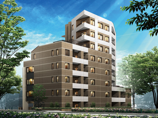 Buildings and facilities. Corridor design inner excellent privacy of. The opening number installed corner dwelling unit ・ Southeast center. It has become a space layout thought the comfort of the living.  ※ Exterior - Rendering