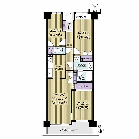 Floor plan. 3LDK, Price 47,500,000 yen, Occupied area 68.74 sq m , Balcony area 7.54 sq m