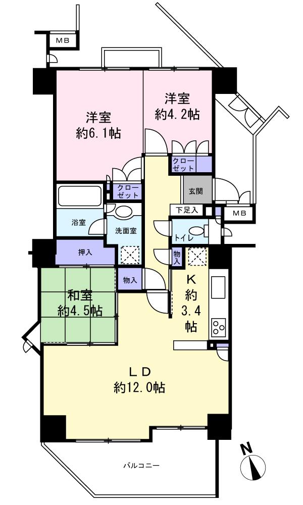 Floor plan. 3LDK, Price 34,800,000 yen, Occupied area 69.46 sq m , Balcony area 9.13 sq m