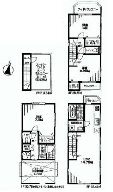 Floor plan. (1 Building), Price 43,300,000 yen, 3LDK, Land area 47.74 sq m , Building area 95.48 sq m