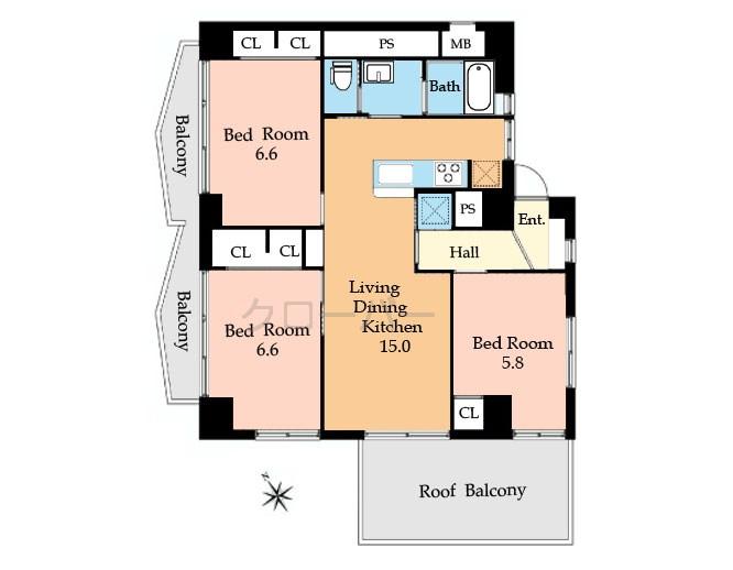 Floor plan. 3LDK, Price 34,800,000 yen, Occupied area 73.35 sq m , Balcony area 21.42 sq m
