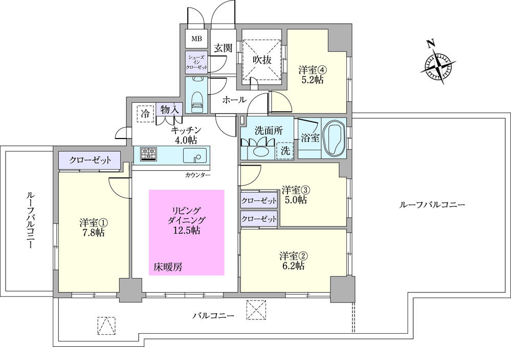 Floor plan. 4LDK, Price 53,900,000 yen, Occupied area 84.94 sq m , Balcony area 17.43 sq m spacious 4LDK Occupied area 84.94 sq m South-facing main three directions room. Spacious with a roof balcony