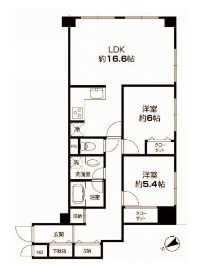 Floor plan. 2LDK, Price 32,500,000 yen, Footprint 67.2 sq m , Balcony area 17.3 sq m per yang ・ View good southeast ・ Southwest Corner Room