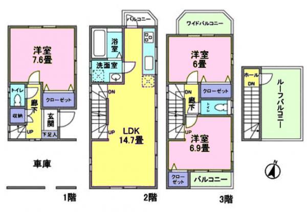 Floor plan. 43,300,000 yen, 3LDK, Land area 47.74 sq m , Building area 95.48 sq m