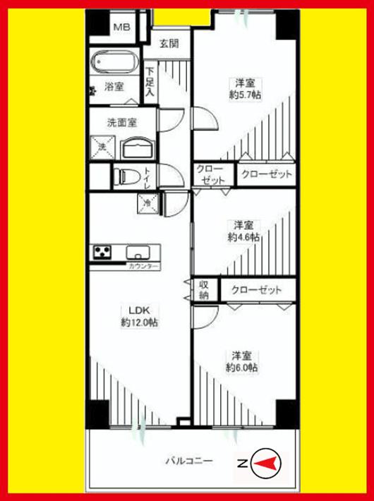 Floor plan. 3LDK, Price 34,900,000 yen, Footprint 64 sq m , Balcony area 7.28 sq m