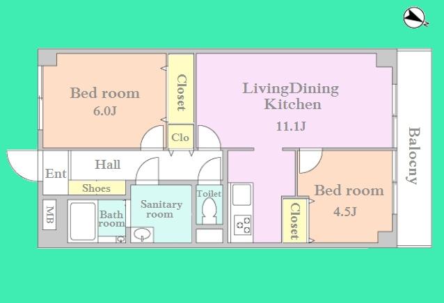Floor plan. 2LDK, Price 26,800,000 yen, Occupied area 53.46 sq m , Balcony area 6.53 sq m