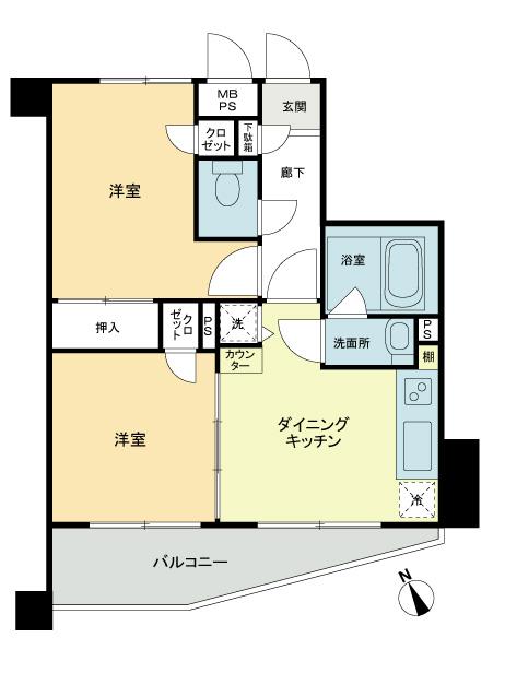 Floor plan. 2DK, Price 24 million yen, Occupied area 42.41 sq m , View and day are both good on the balcony area 6.95 sq m 4 floor!