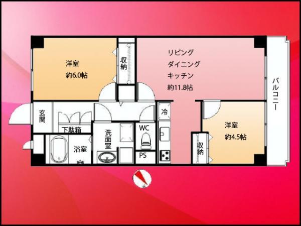 Floor plan. 2LDK, Price 26,800,000 yen, Occupied area 53.46 sq m , Balcony area 6.53 sq m