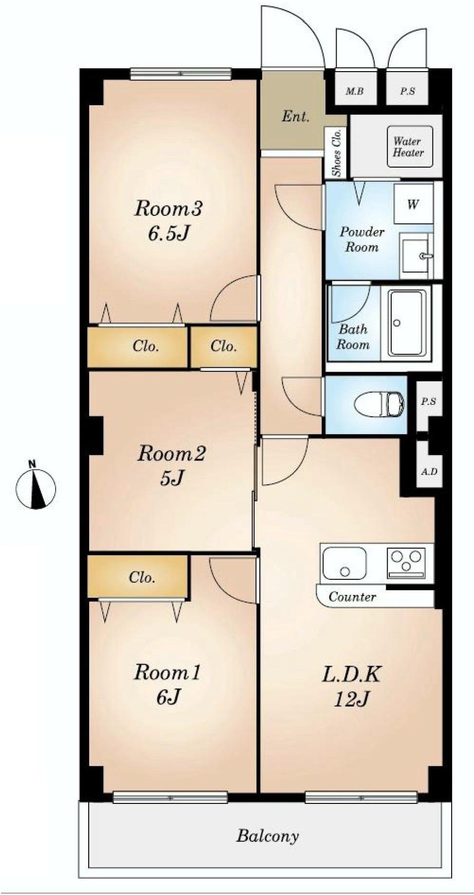Floor plan. 3LDK, Price 31,980,000 yen, Occupied area 64.32 sq m , Balcony area 7.89 sq m
