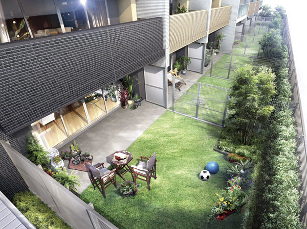 balcony ・ terrace ・ Private garden.  [Downtown private garden] In the "prime variegated front axis", Set up a dedicated garden on the first floor dwelling unit. While a downtown apartment, You get a sense of openness, such as single-family. Well as hobby of gardening, So that it can also exert a function as outdoor living, It will enrich the lives of the family area. (Private garden Rendering)