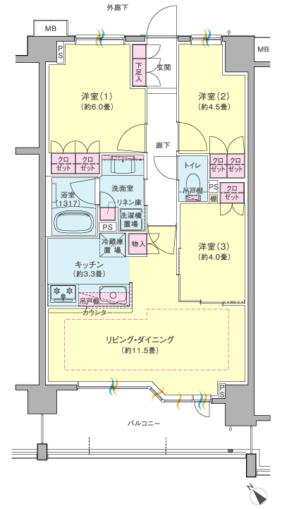 Floor: 3LDK, occupied area: 64.15 sq m