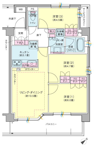 Floor: 3LDK, occupied area: 63.59 sq m