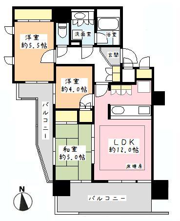 Floor plan. 3LDK, Price 39,800,000 yen, Occupied area 63.14 sq m , Balcony area 9.95 sq m