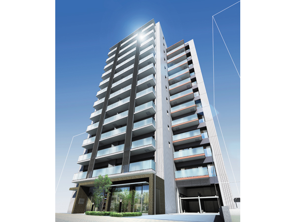 Buildings and facilities. Become a new landmark in front of the station, Smart Tower form. The facade of the intellectual impression that glass handrail and Marion (decorative pillars) intersect, Red system accent color is accompanied by a flower. (Exterior view)