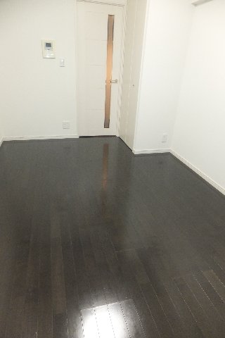 Living and room. Chic dark brown flooring