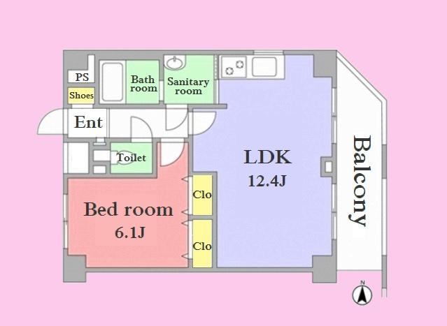 Floor plan. 1LDK, Price 31.5 million yen, Footprint 43.8 sq m , Balcony area 7.38 sq m