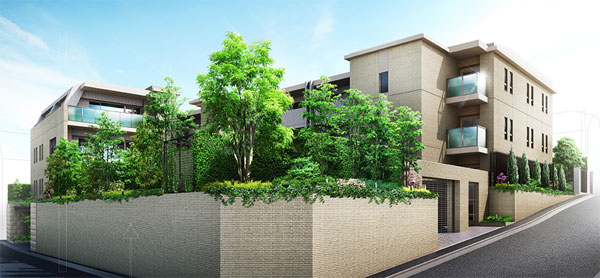 Features of the building.  [appearance] Low-rise form that standing is nestled in the beautiful retaining wall decor along with the lush greenery. The shutter gate and the point of a sword fence that becomes a parking lot entrance and installed on the west side, It has undergone a placement of the order to protect the quality of life. Retaining walls and built the security to them is protect the lives, Exactly is the area for the mansion. (Rendering)