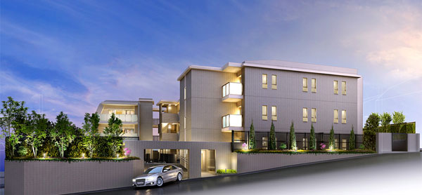 Features of the building.  [appearance] Planting Yuku decorate the streets richer in each other melts with the surrounding landscape. And architecture Yuku to deepen the flavor together with Years, Simple and elegant presence that was conscious of the human scale. Neat design Ya reminiscent of a European-style building, Strike a fine quality of the texture full of texture, Grace Naru low-rise appearance. The form of the low-rise, Beautifully concerted and mature green that has been cultivated in the mansion area, Create a New beauty in this town. (Rendering)