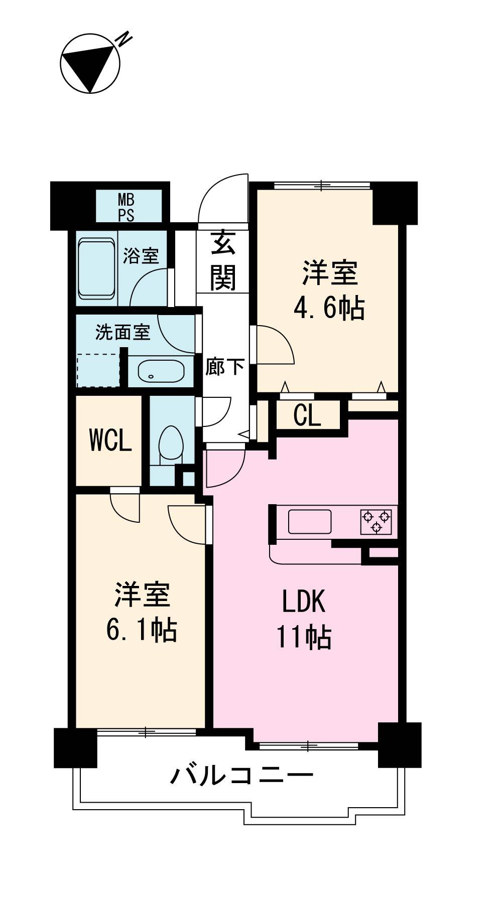 Floor plan. 2LDK, Price 27,800,000 yen, Occupied area 53.93 sq m , Balcony area 7.48 sq m