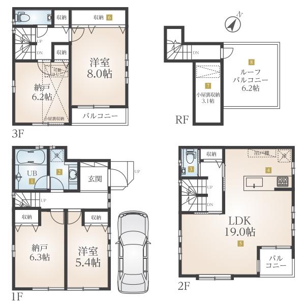 Building plan example (floor plan). Building plan example (building price 16.2 million yen (tax included), Building area 113.44 sq m , Sky Garden with 2LDK + 2S + car space)