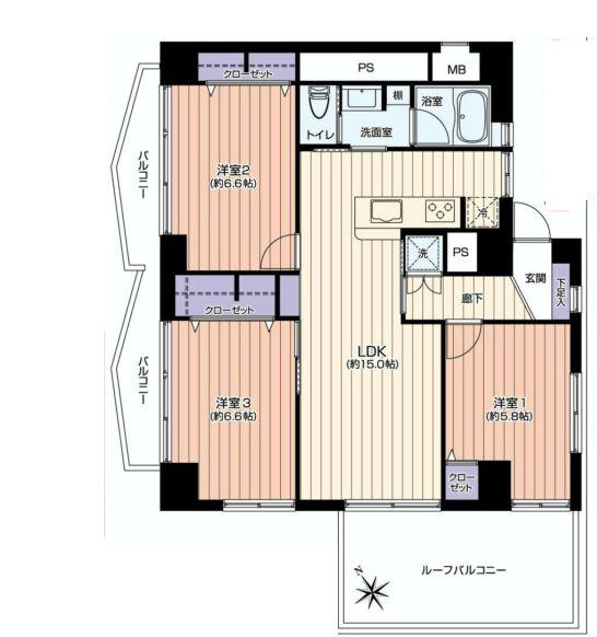 Floor plan. 3LDK, Price 34,800,000 yen, Occupied area 73.35 sq m , Balcony area 21.42 sq m