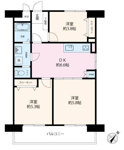 Floor plan. 3LDK, Price 23.8 million yen, Occupied area 54.81 sq m , Balcony area 7.56 sq m