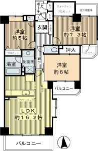 Floor plan. 3LDK, Price 47,800,000 yen, Occupied area 77.34 sq m , Balcony area 12.01 sq m