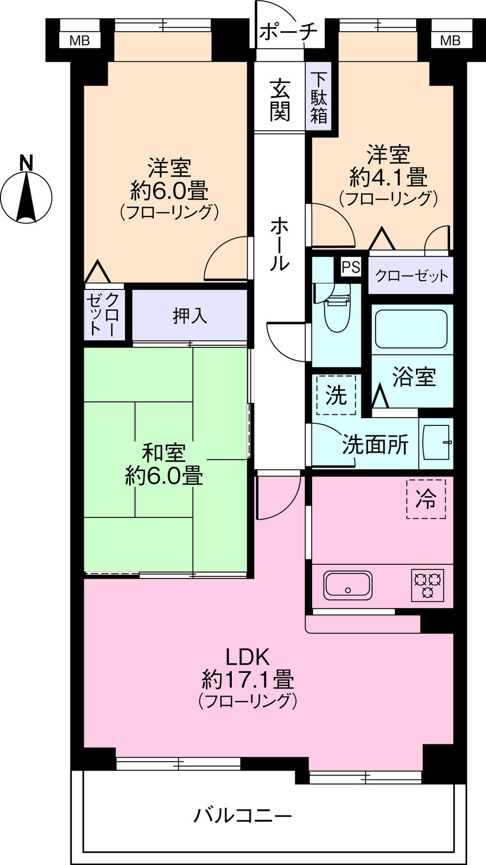 Floor plan. 3LDK, Price 31,900,000 yen, Occupied area 65.76 sq m , Balcony area 8.73 sq m 3LDK, Counter kitchen.